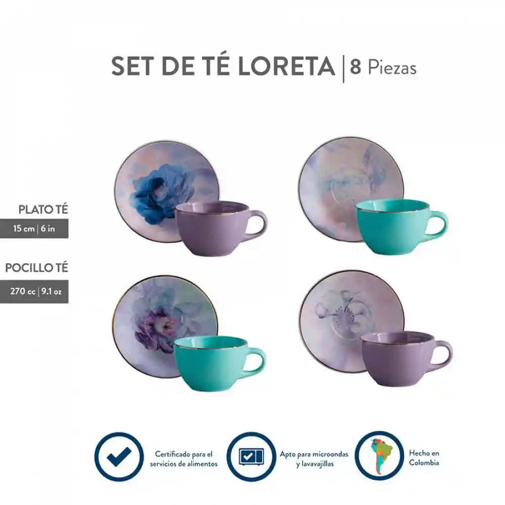 Set De Té Loreta Corona 8pz En Cerámica