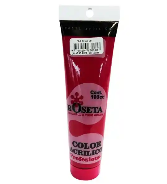 Pintura Acrilica Roseta Color Rojo Fuego-091 X Unidad Tubo De 100cc Pinturas Acrilicas