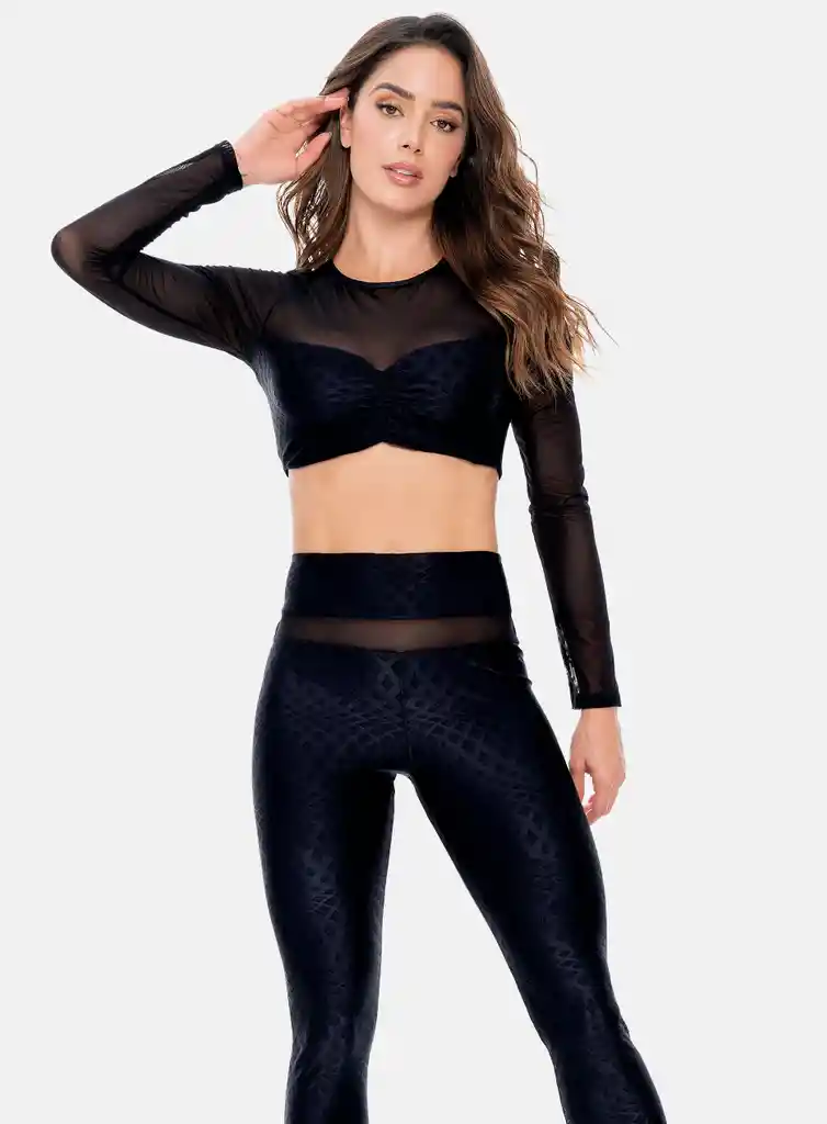 Top Deportivo Mujer Manga Larga En Tela Jacquard Con Recogido En Busto Talla S - M
