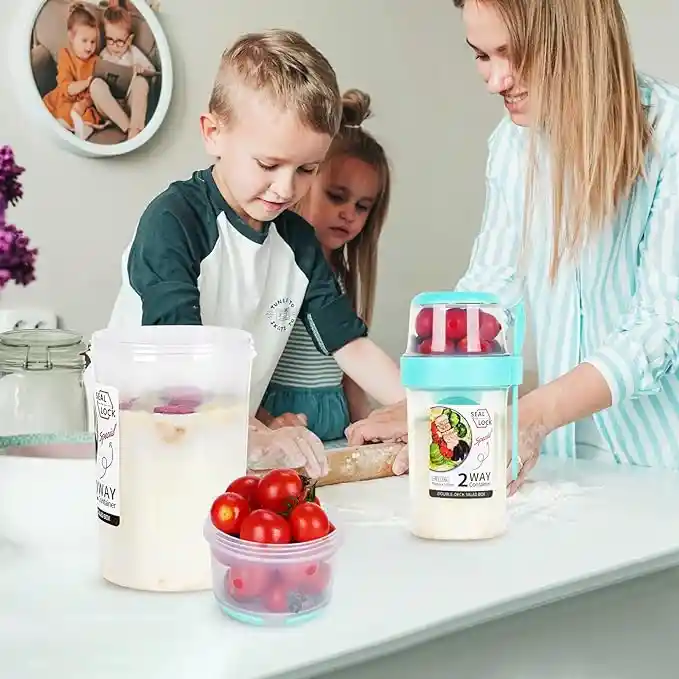 Juego Vaso Con Recipiente Ensalada O Yogur Con Cuchara