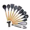 Set Utensilios Cocina Silicona X12, Sin Bpa, Mango Madera