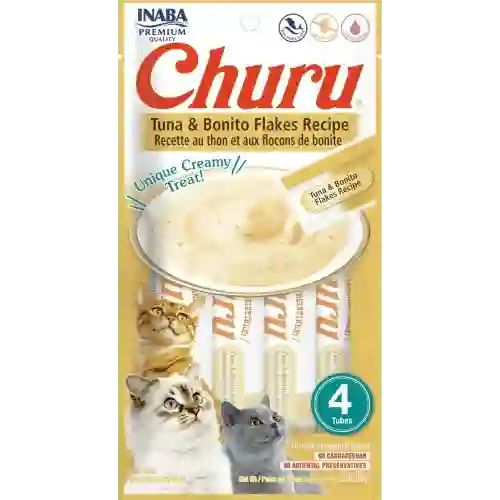 Inaba Cat Snack Churu 4 Piezas - Tuna With Bonito Flakes - Hojuelas Atun - 56 Gr