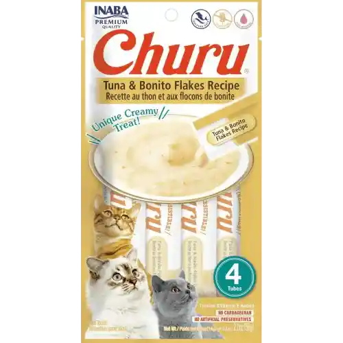 Inaba Cat Snack Churu 4 Piezas - Tuna With Bonito Flakes - Hojuelas Atun - 56 Gr