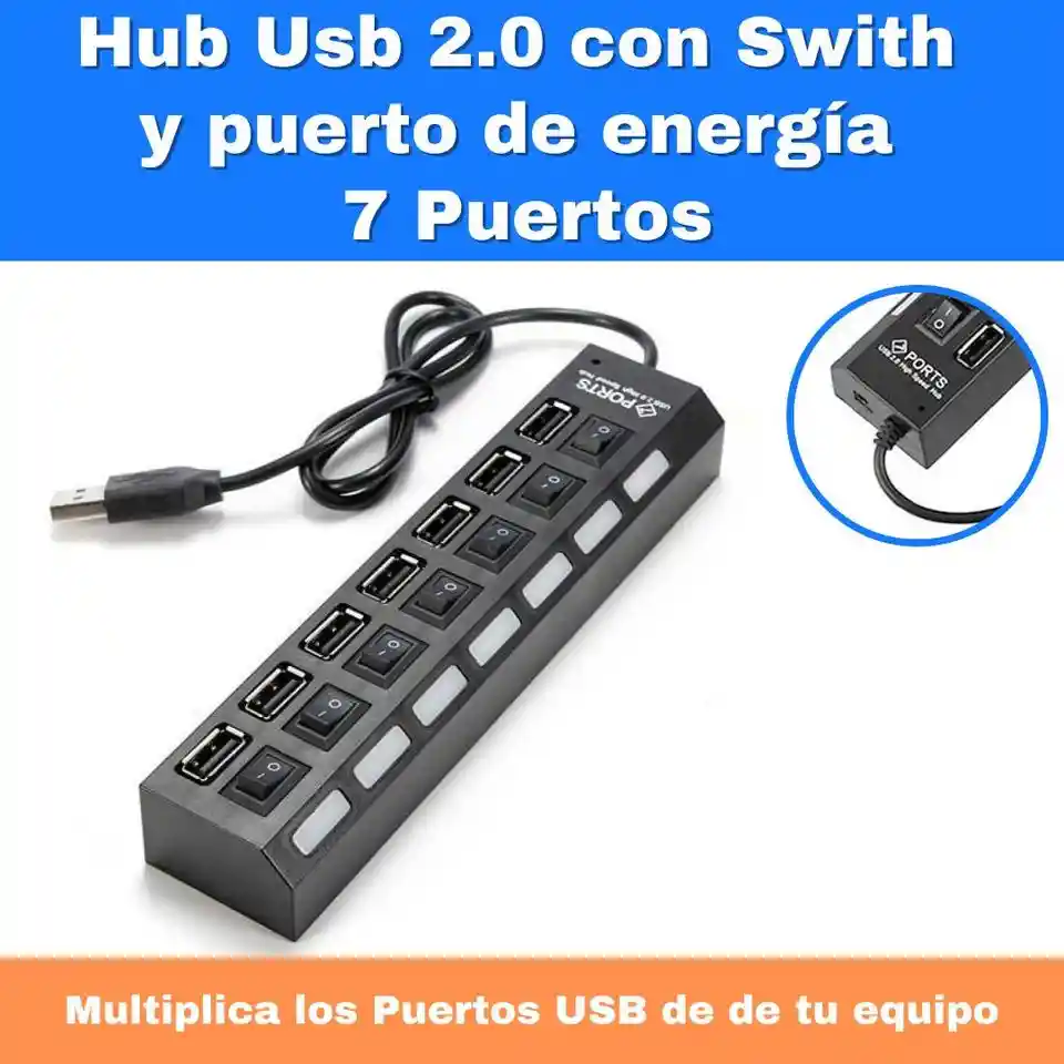 Hub Usb 7 Puertos 2.0 480 Mbps Con Interruptor De Encendido Concentrador