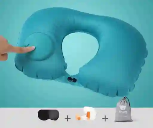 Cojín Viajero Inflable + Tapa Ojos, Tapa Oídos, Bolsa De Guardar