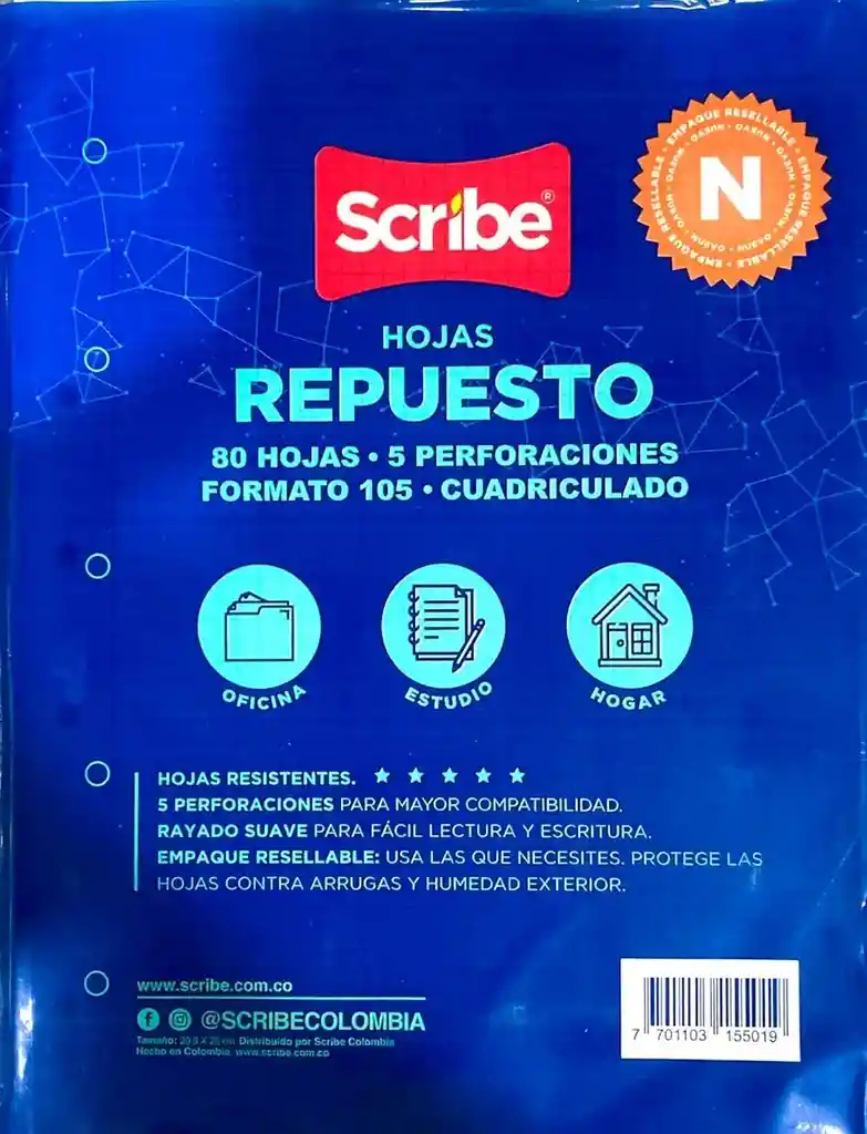 Hojas De Repuesto Scribe Cuadriculado 80 Hojas Formato 105