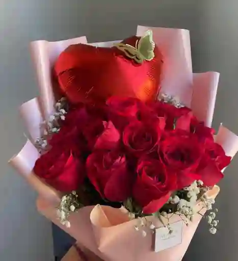 Bouquet 12 Rosas Y Globo
