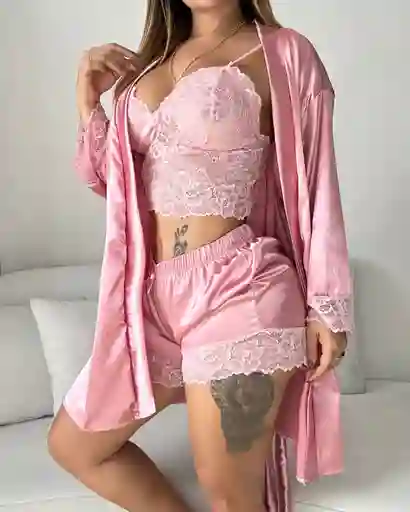 Pijama En Para Mujer 3 Piezas Satin Kimono Rosa S/m
