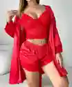 Pijama En Para Mujer 3 Piezas Satin Kimono Rojo S/m
