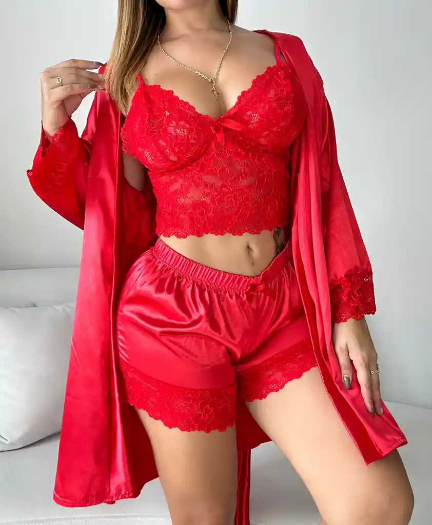 Pijama En Para Mujer 3 Piezas Satin Kimono Rojo S/m