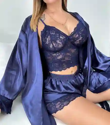 Pijama En Para Mujer 3 Piezas Satin Kimono Azul L-xl