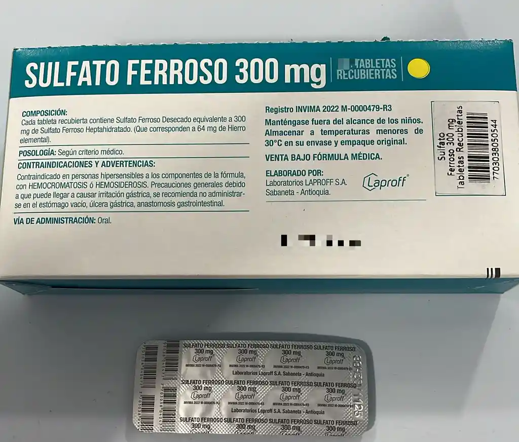 Sulfato Ferroso 300mg Por 10 Tabletas. Laproff.