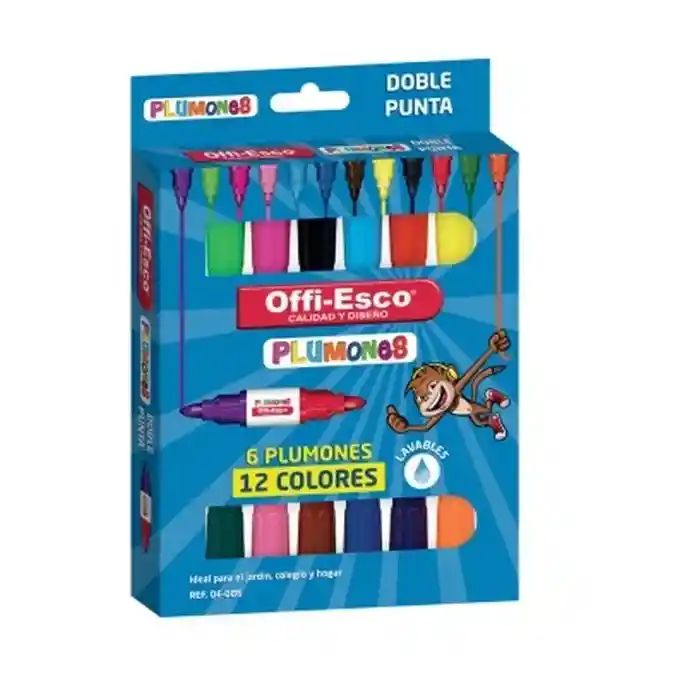 Plumones Doble Punta X 6 Und 12 Colores Lavables Offi Esco Oe-086