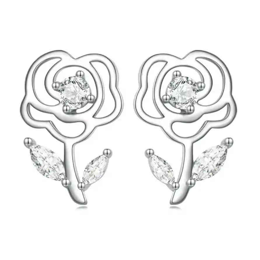 Aretes Topos Flor Rosa Cristal Mujer Fabricados En Plata 925
