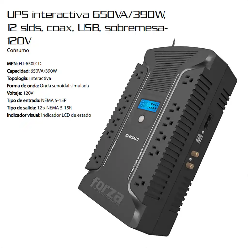 Ups Interactiva Forza Ht-650lcd 650va/390w 12 Tomas ±24min