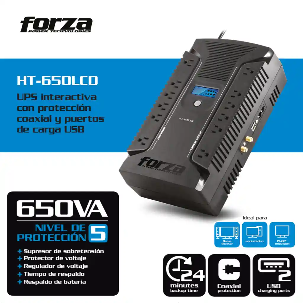 Ups Interactiva Forza Ht-650lcd 650va/390w 12 Tomas ±24min