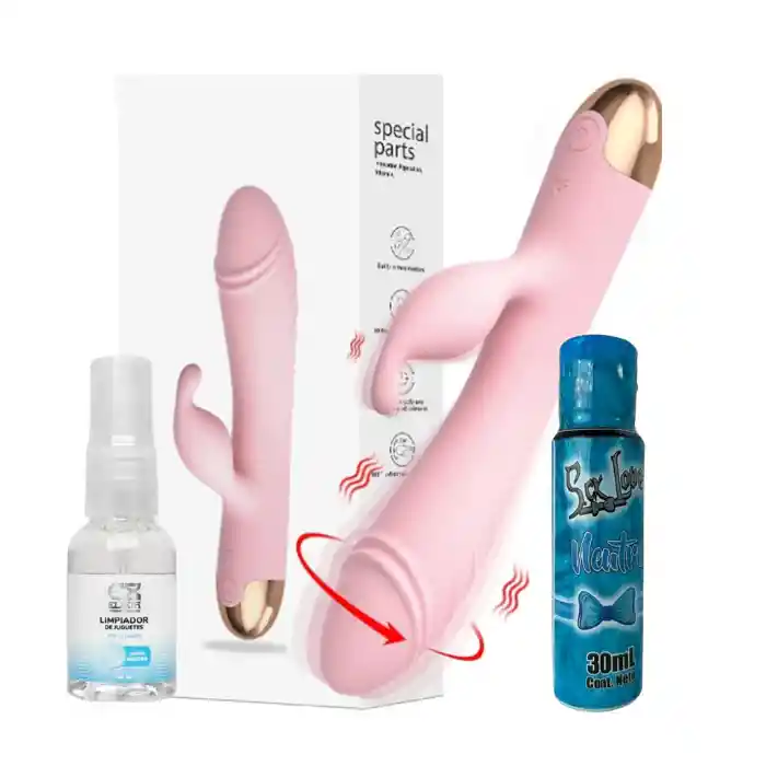 Vibrador Doble Estimulacion De Lujo Con Rotacion 360° 10 Modo De Vibracion (recargable) + Lubricante Intimo Neutro X 30 Ml Sex Love + Limpiador De Juguetes Elixir Neutro 29 Ml