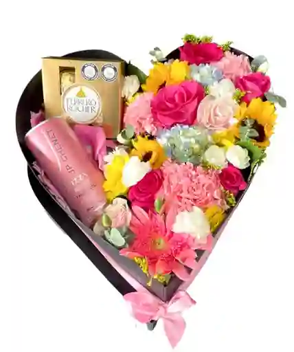 Flores En Caja De Rosas Y Girasoles Con Jp Y Chocolates