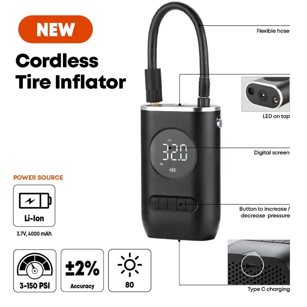 Inflador De Llantas Portátil - Compresor Para Coche, Moto Y Balón, Color Negro, Fase Eléctrica Monofásica 110v/220v