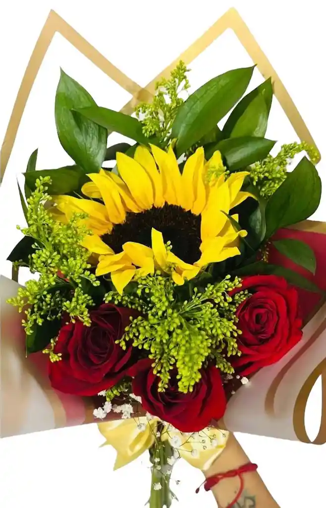 Arreglo Floral -rosas Y Girasol Regalo Para Mujer - Arreglo De Flores