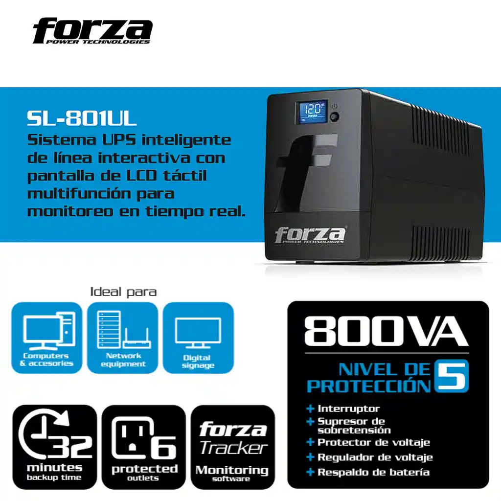 Ups Inteligente Forza Sl-801ul 800va480w Softwar Lcd Táctil