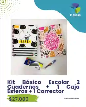 Kit Básico Escolar 2 Cuadernos + 1 Caja Esferos + 1 Corrector