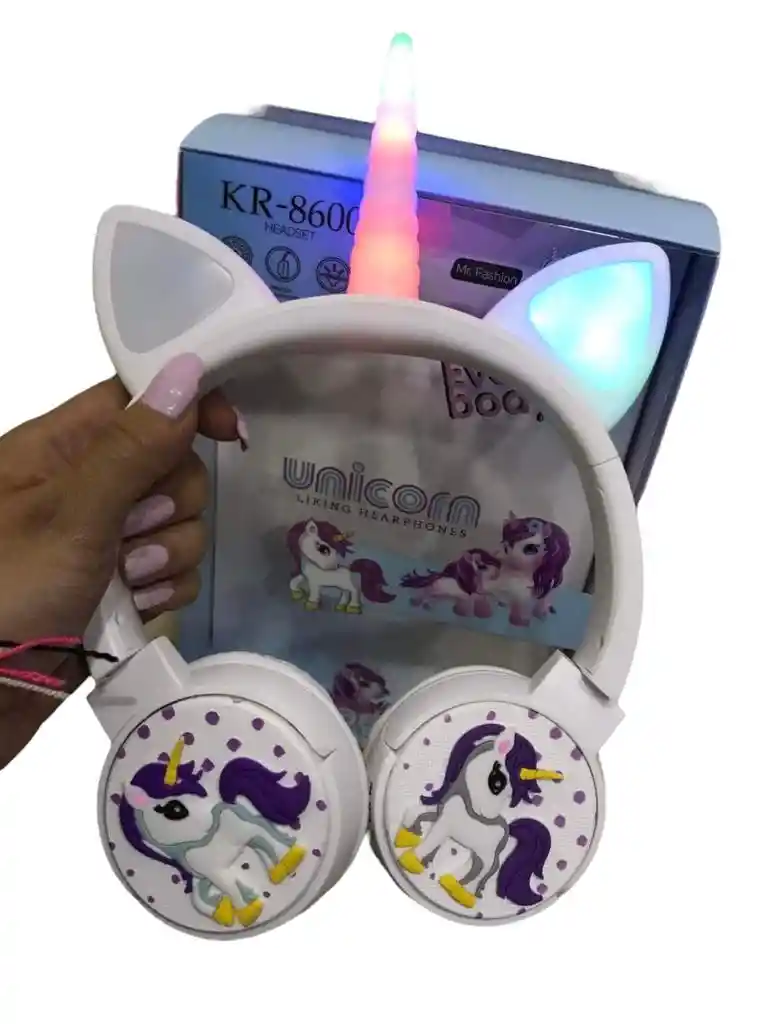 Diadema Audífonos Unicornio Blanco Bluetooth Inalámbrico Ajustable