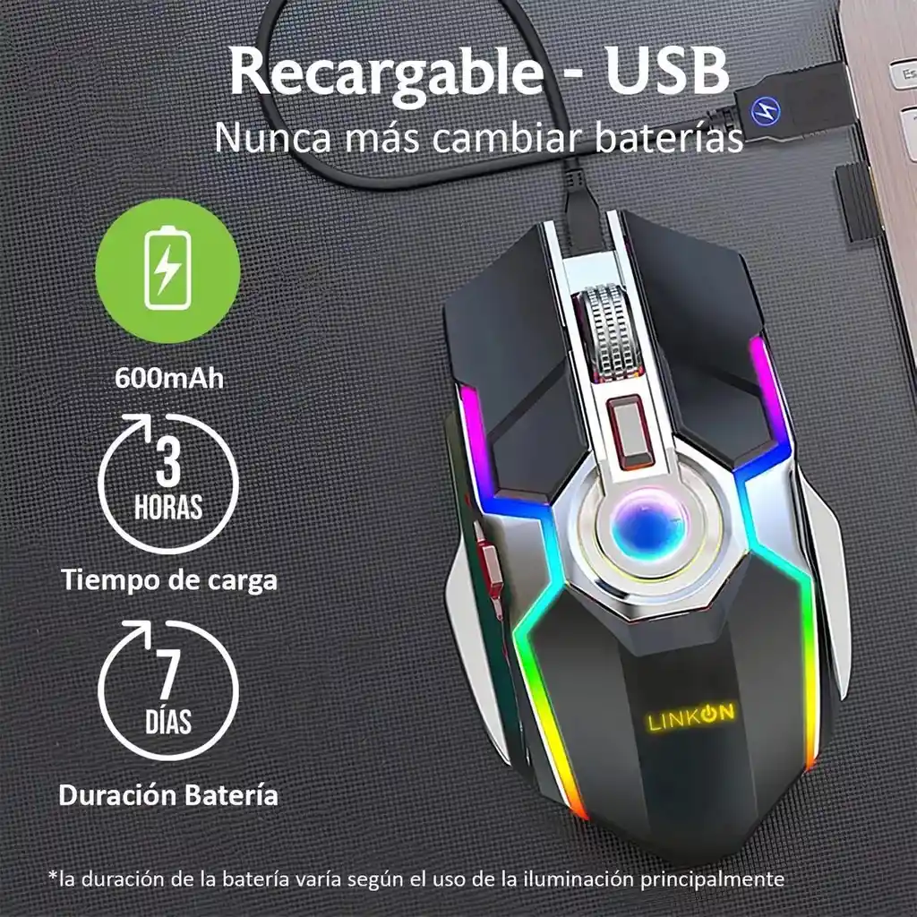 Mouse Gamer Inalambrico Recargable Usb Windows Optico Rgb