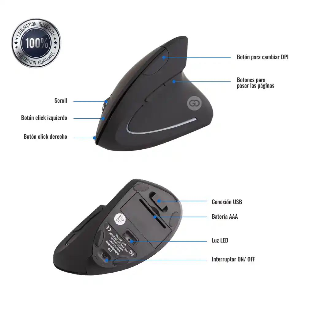 Mouse Vertical Ergonómico Inalámbrico Recargable Con Cable Miniusb