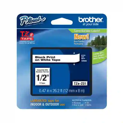 Cinta Laminada Brother Tze-231 Negro Sobre Blanco 12mm X 8mt