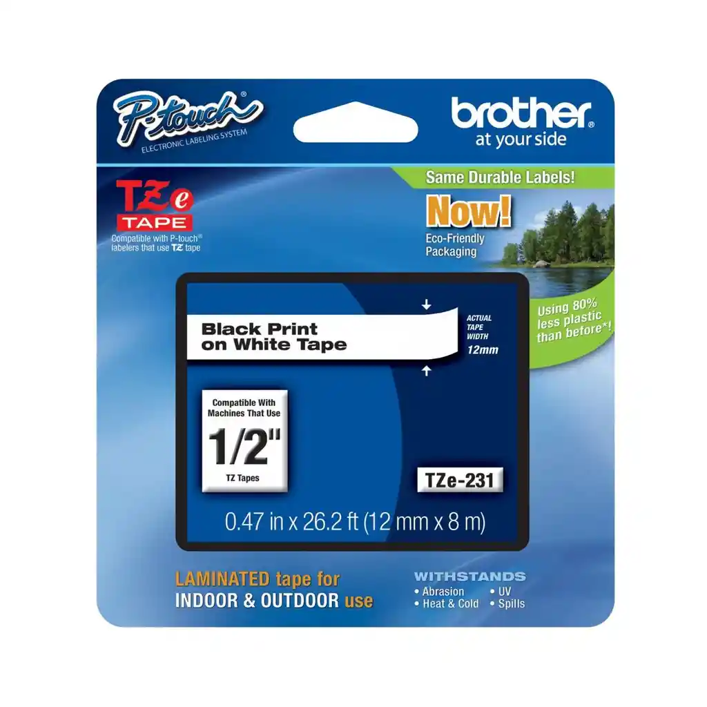 Cinta Laminada Brother Tze-231 Negro Sobre Blanco 12mm X 8mt