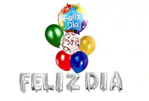 Letrero Feliz Dia Inflable Letra A Letra Plateado Dia Acompañado De Globos Latex.