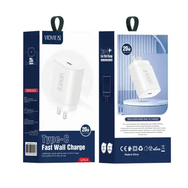 Adaptador Cargador Tipo C 20w Carga Rápida Vidvie (incluye Cable)