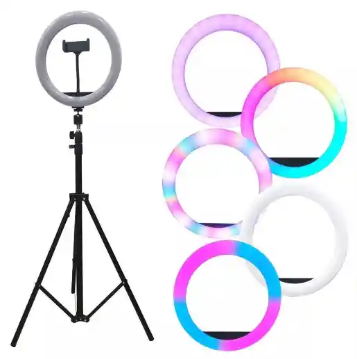Aro De Luz Rgb Profesional De 33 Cm De Diametro Con Tripode De 2.10 M Y Soporte De Telefono