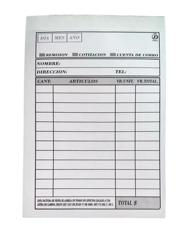 Facturero Periodico 35 Hojas 1/2 Oficio. 22.5x 16 Cm