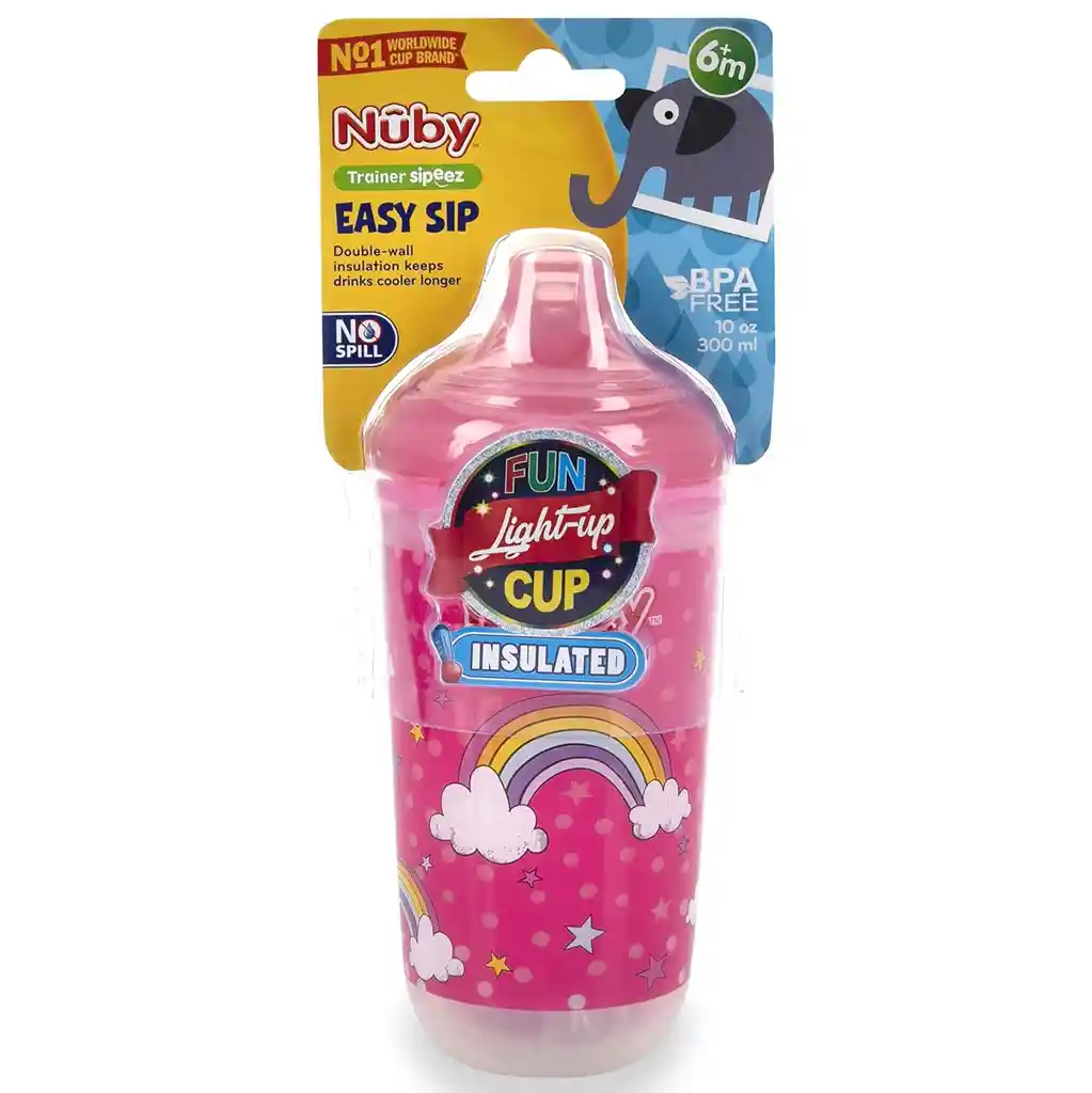 Vaso Entrenador Antiderrame Para Bebe Con Luces Nuby 10 Oz Rosa