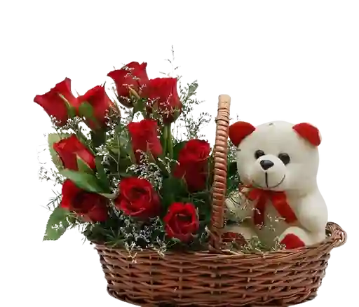 Rosas Rojas En Canasta Con Peluche