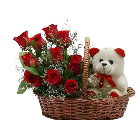 Rosas Rojas En Canasta Con Peluche