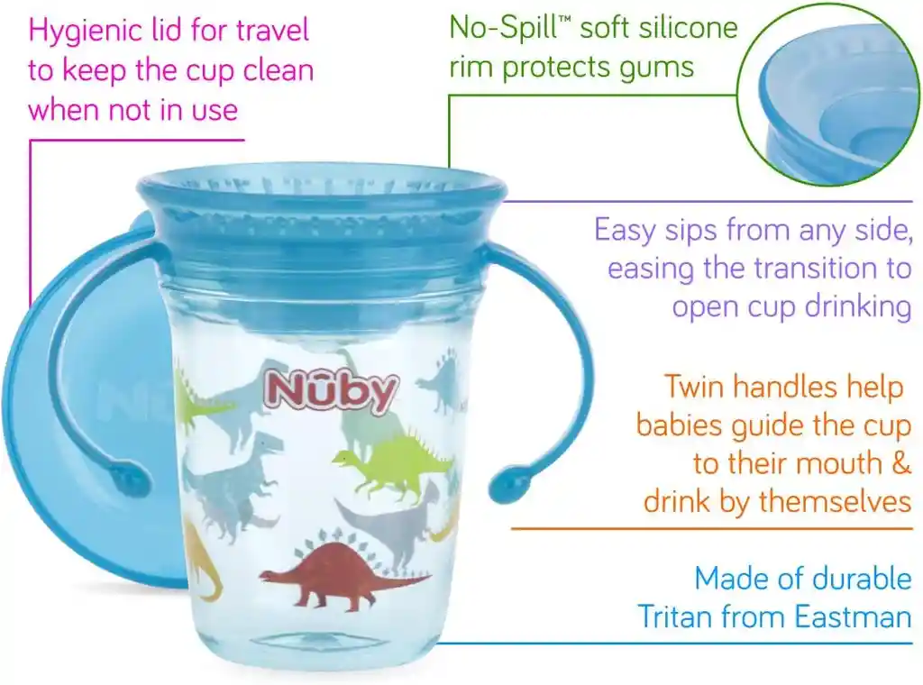 Vaso Para Bebe Niños Antiderrame 360 Nuby 8oz + Tapa