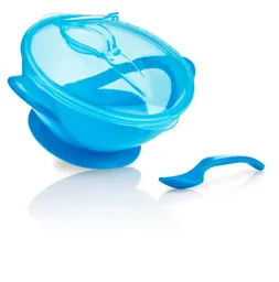 Bowl Bebe Niños Con Tapa Cuchara Chupa Antideslizante Nuby Azul
