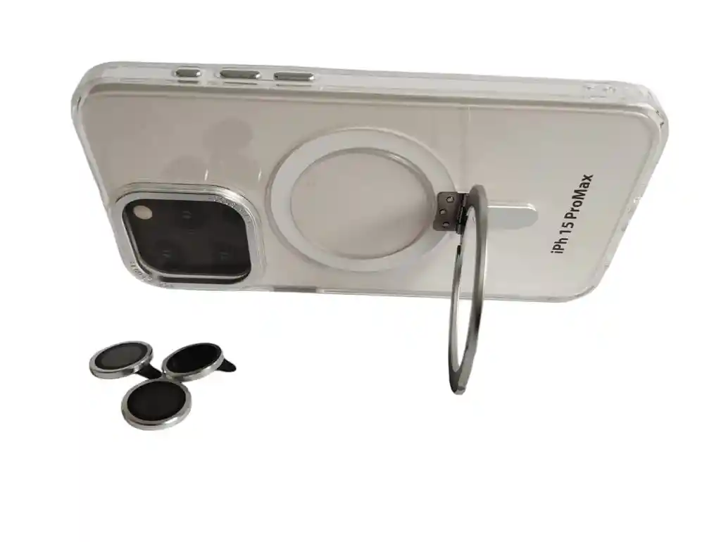 Estuche Para Iphone 15 Pro Max Con Soporte Y Kit Lentes Plata