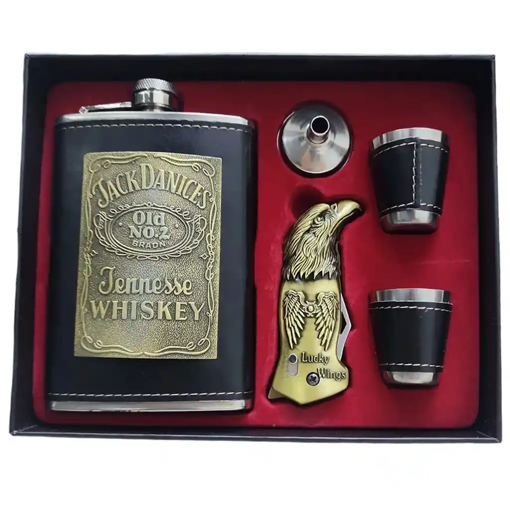 Licorera Wizquera 9oz Inox. 2 Copas +navaja Encendedor