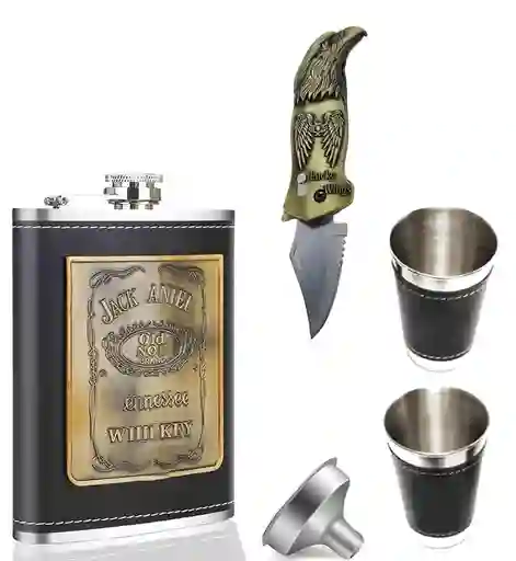 Licorera Wizquera 9oz Inox. 2 Copas +navaja Encendedor