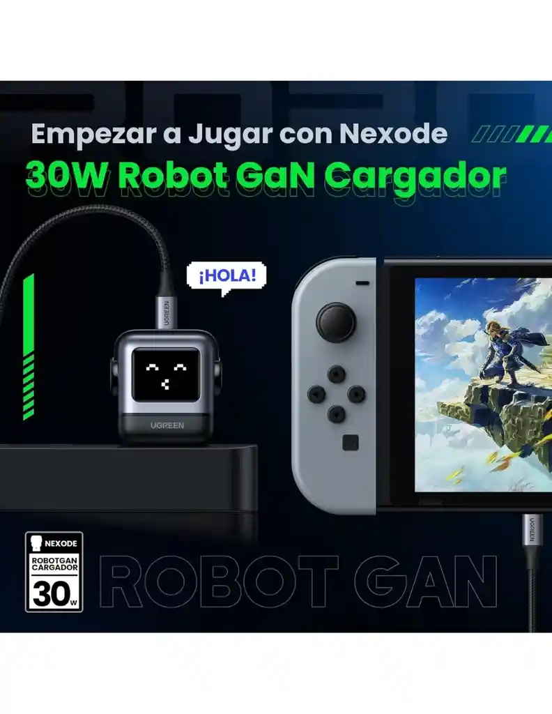 Ugreen Cargador Nexode 30w Tipo C Carga Rápida Ganrobot Con Pantalla De Carga Gris