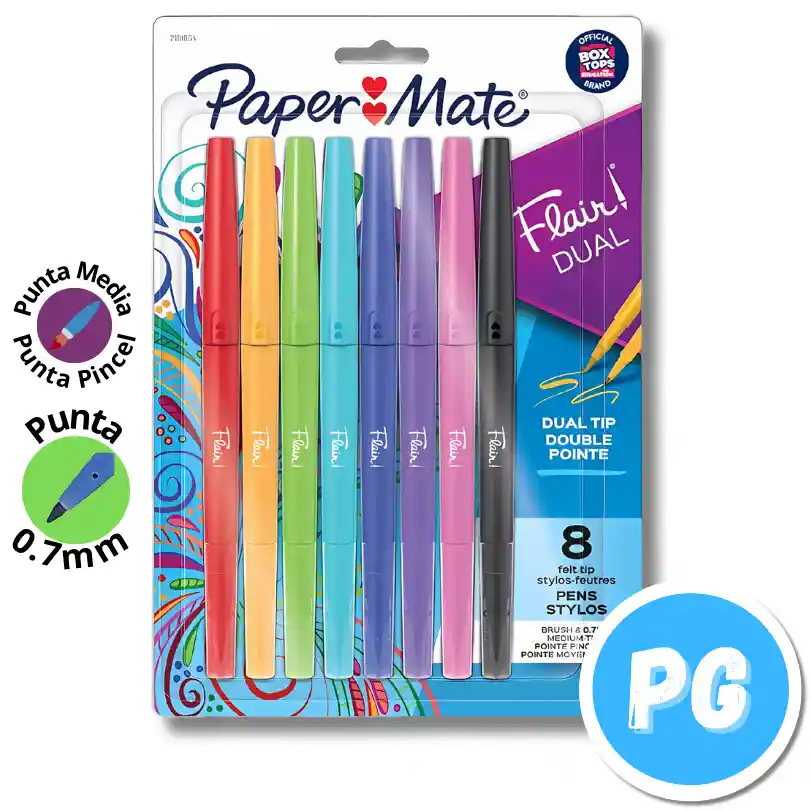 Paquete De Plumigrafos Paper Mate X8 Unds Doble Punta 0.7mm Con Punta Pincel Rotuladores