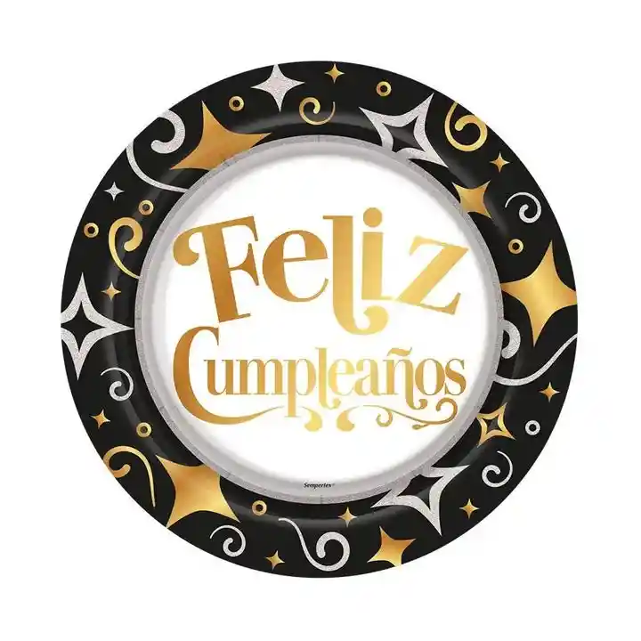 Plato Sempertex Desechable Feliz Cumpleaños Dorado/negro De Carton 7" 18 Cm X 8