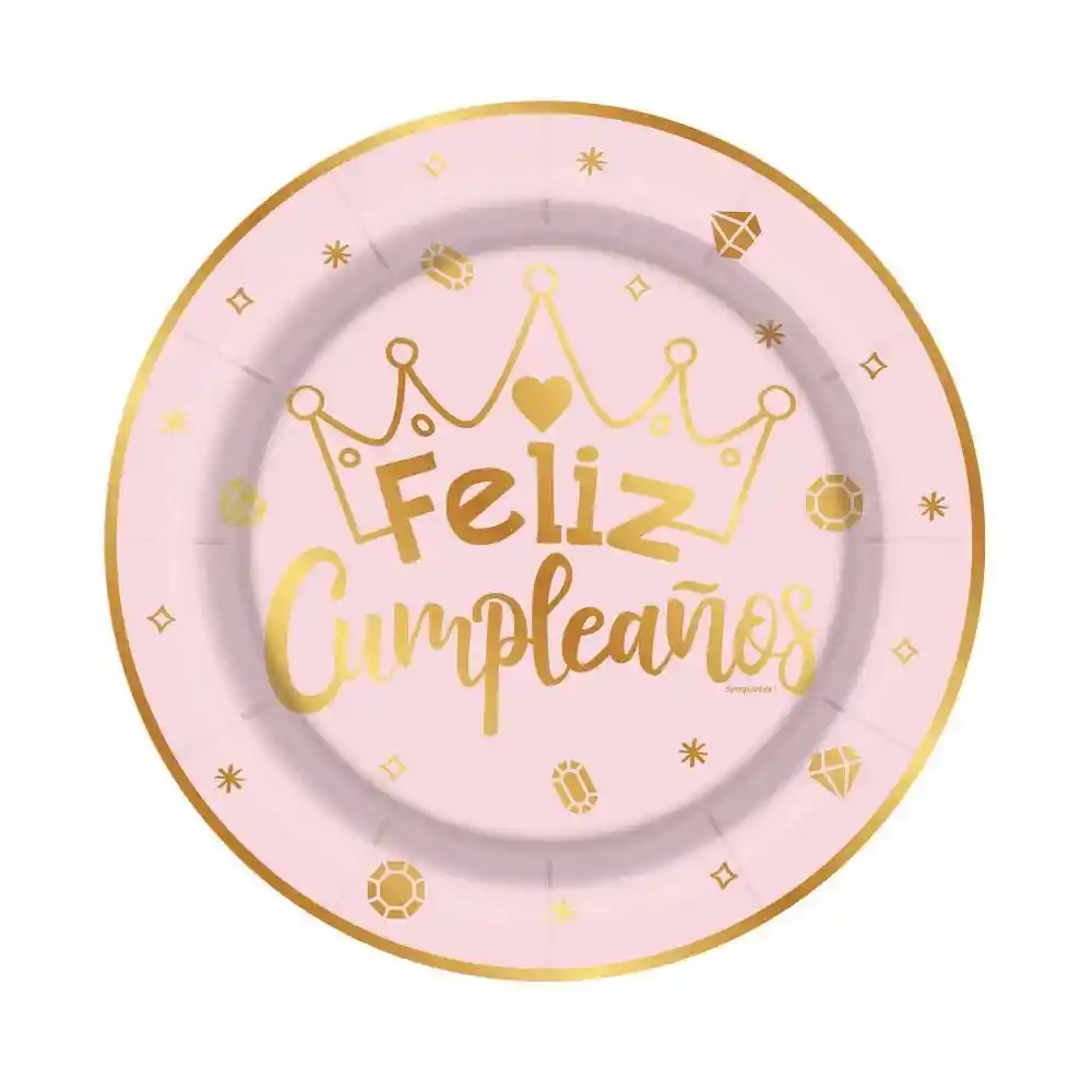 Plato Sempertex Desechable De Carton Feliz Cumpleaños 7" 18 Cm Coronita X 8