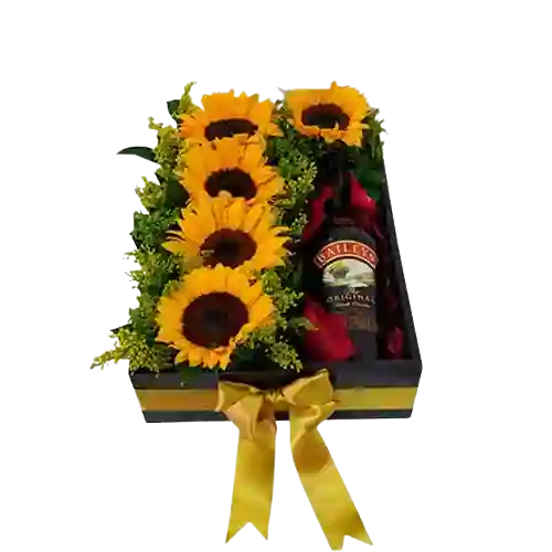 Girasoles Y Baileys En Caja Floral