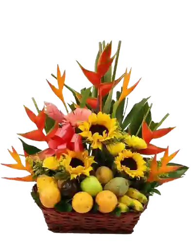 Girasoles, Heliconias, Gerberas Y Frutas Arreglo Dia Maravilloso