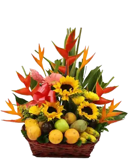 Girasoles, Heliconias, Gerberas Y Frutas Arreglo Dia Maravilloso